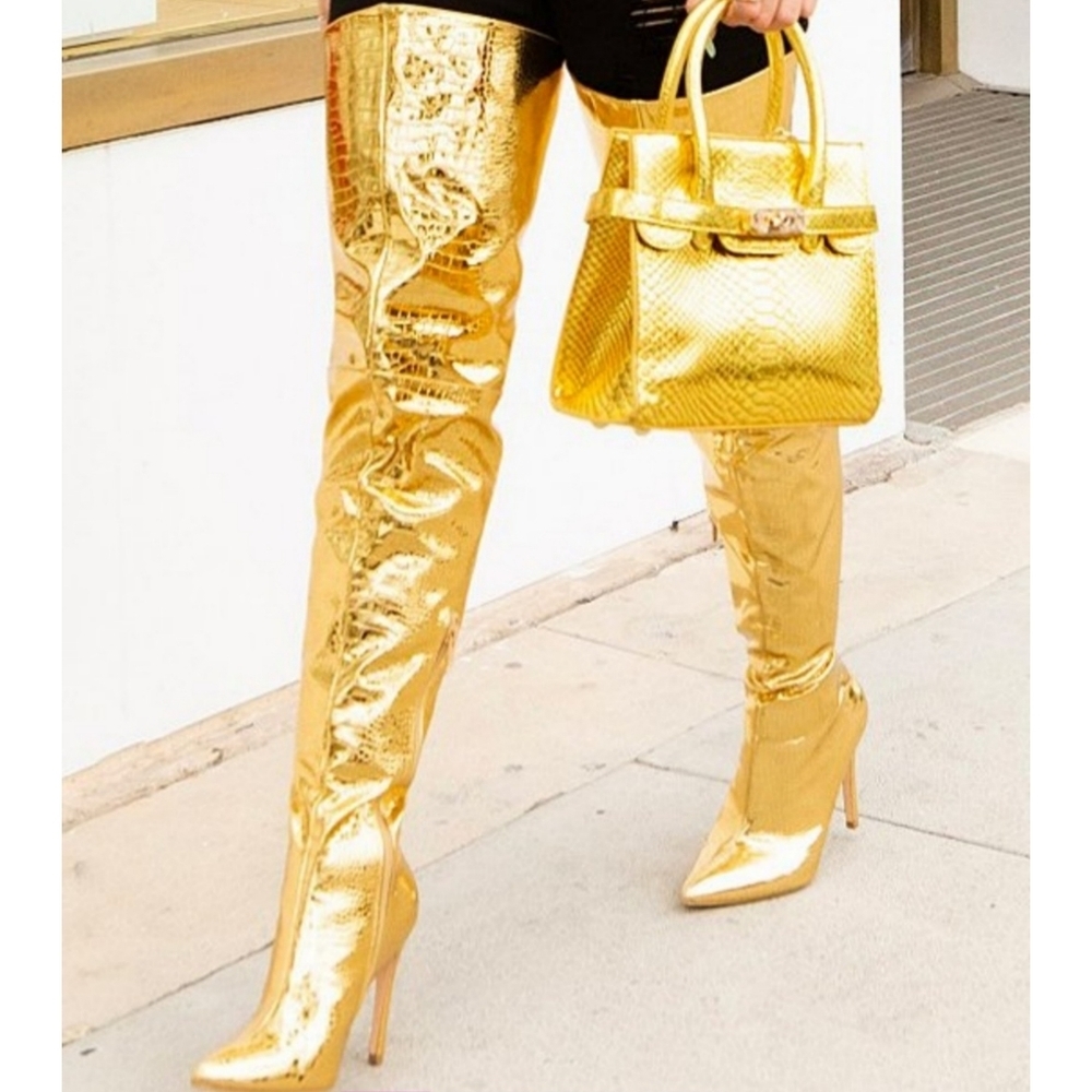 New In Box Gold Drama Queen Over The Knee Boot Sz 7 - Picture 2 of 16